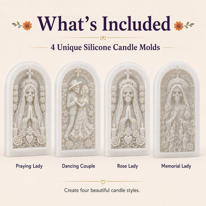 ⏳ Last Day 49% OFF – 💀 4-Piece Día de los Muertos 3D Relief Candle Mold Set | Detailed Skeleton, Floral & Arched Designs for Handmade Decorative Candles 🕯️✨