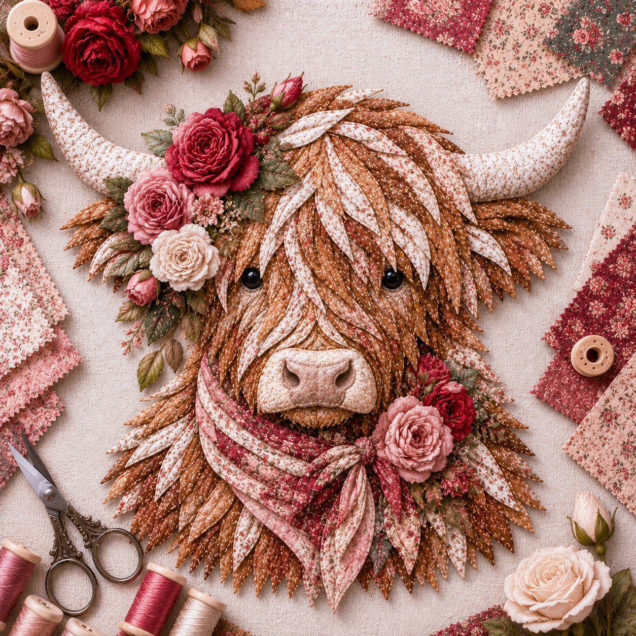 🐮💐🌸 Birth Flower Highland Cow 3D Layered Fabric Art DIY Kit (Beginner-friendly) 🔥
