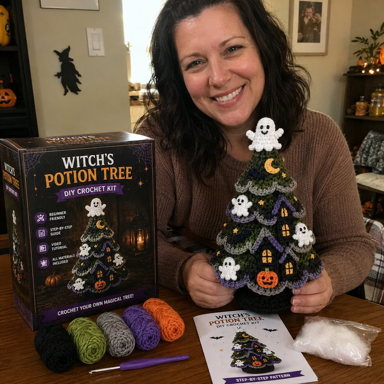 🔥 LAST DAY 49% OFF – 🎃 Halloween Tree DIY Crochet Kit | All-In-One Kit for a Layered 7-Inch Spooky Tabletop Decoration 🧶👻✨