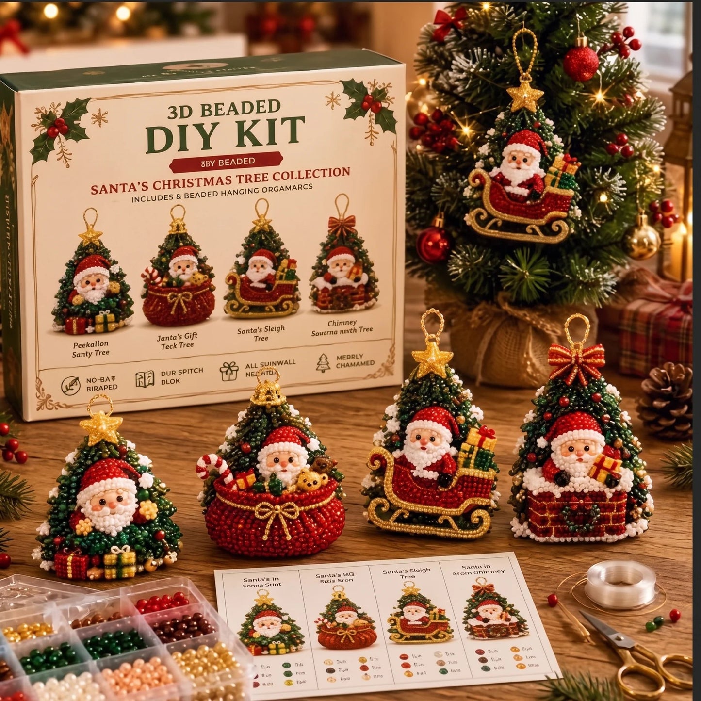 🎄DIY 3D Christmas Beaded Ornament Kit | Complete 4-Piece Set with Glass Beads, All Tools & Step-by-Step Guide Included 💕