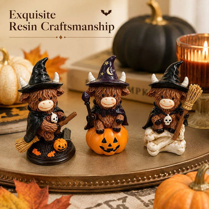 🎃Halloween Highland Cow Witch Ornament – Spooky-Cute Tabletop Decor for Mantel, Shelf & Candy Station