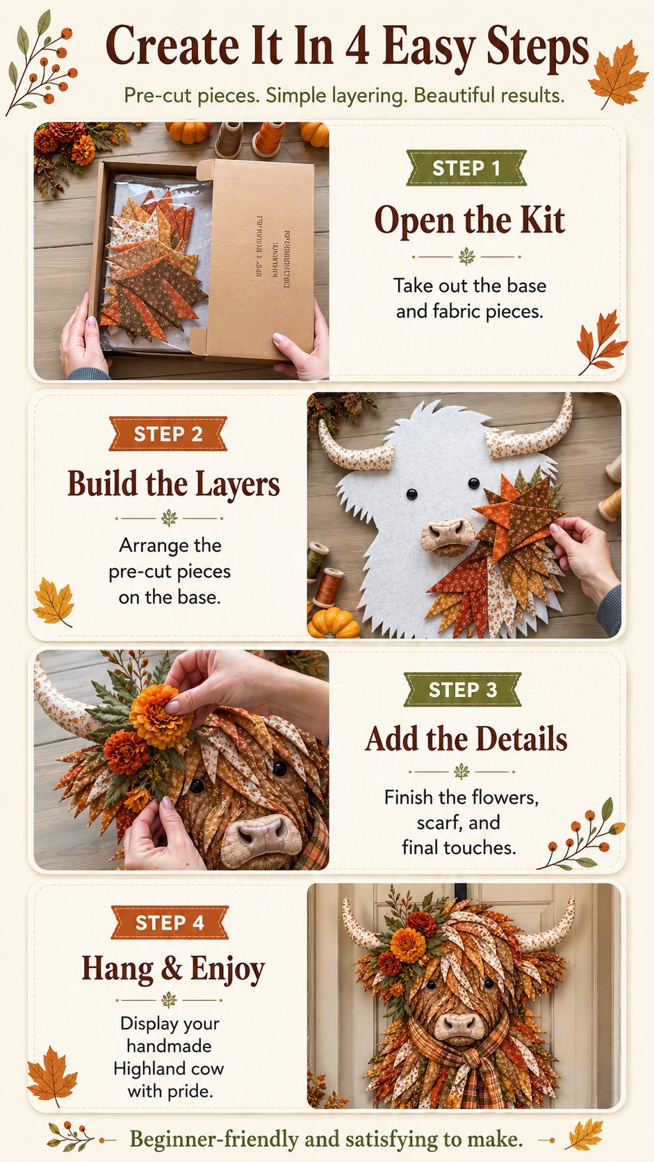 🐮💐🌸 Birth Flower Highland Cow 3D Layered Fabric Art DIY Kit (Beginner-friendly) 🔥