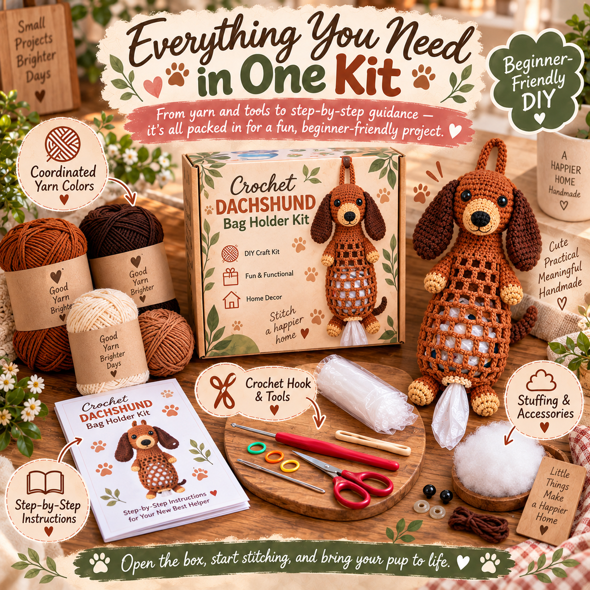 Crochet Dog Bag Holder kit contents