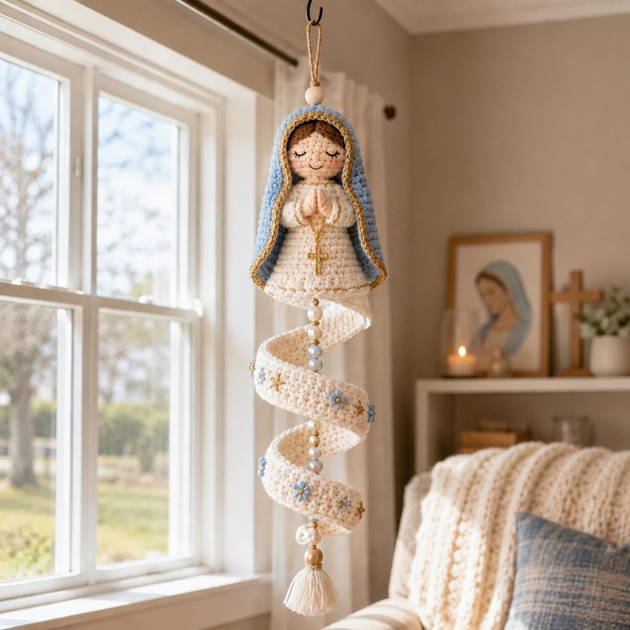 Finished Blessed Mother ornament size and full view