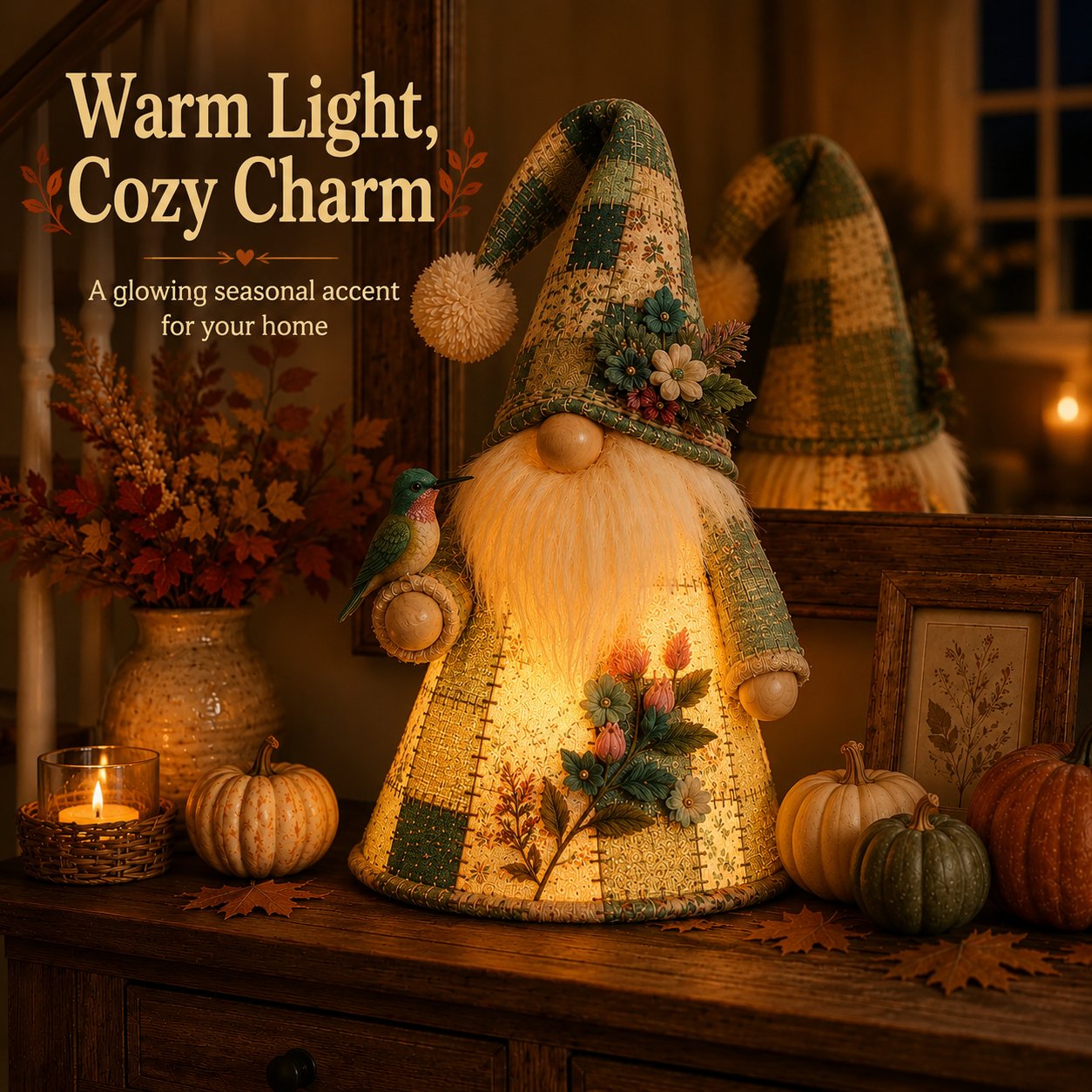 🔥 LAST DAY 49% OFF – 🐦Patchwork Bird Gnome Light Collection | Warm Glowing Tabletop Decor ✨