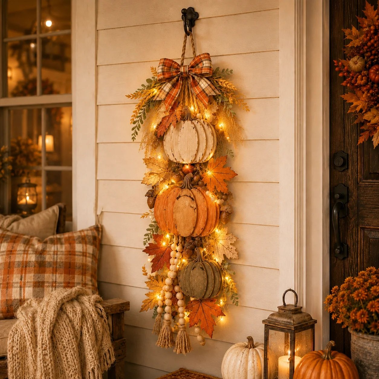 Pumpkin hanging decoration displayed on a front door
