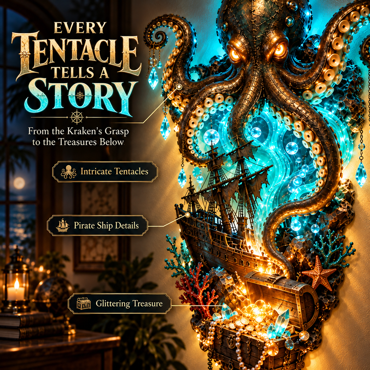 Kraken tentacles pirate ship and treasure details