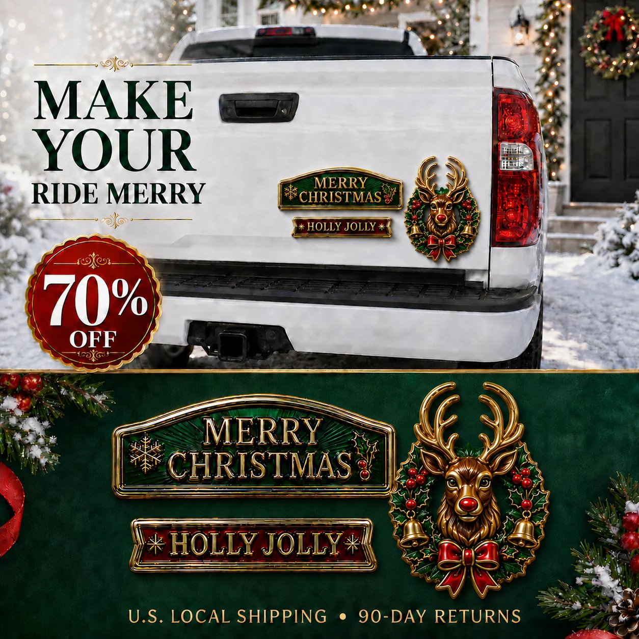 🔥 50K+ SOLD – 🎄 3-Piece Christmas Car Emblem Metal Badge Set | 3D Enamel Holiday Badges with Adhesive Backing for Trucks, SUVs & Festive Gifts 🎅✨