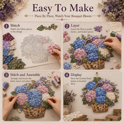 🌸🧵 Premium Floral Basket Patchwork DIY Kit | High-Quality Layered Fabric Bouquet with Raised Petals & Woven Basket Details ✨