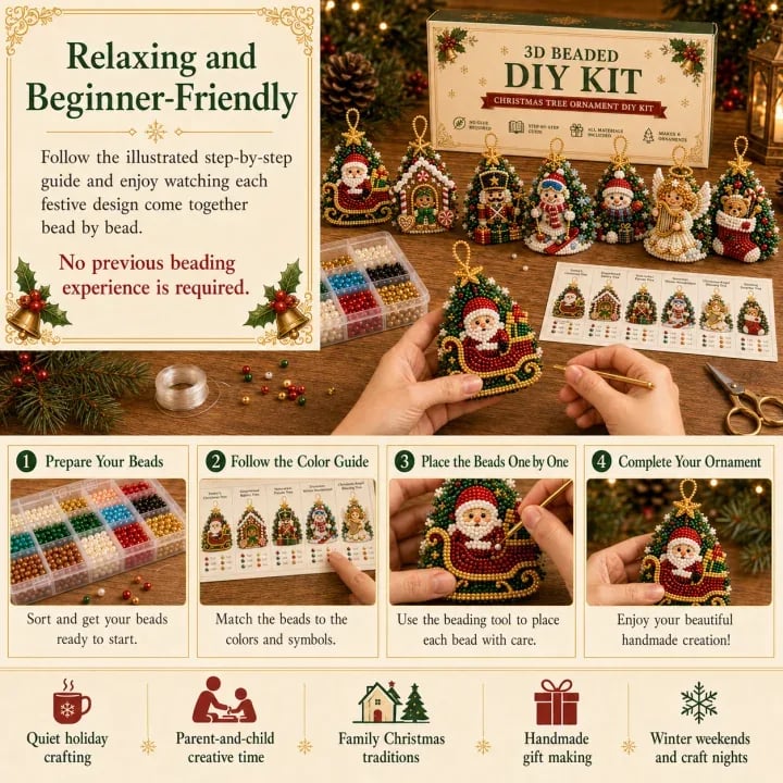 🎄DIY 3D Christmas Beaded Ornament Kit | Complete 4-Piece Set with Glass Beads, All Tools & Step-by-Step Guide Included 💕