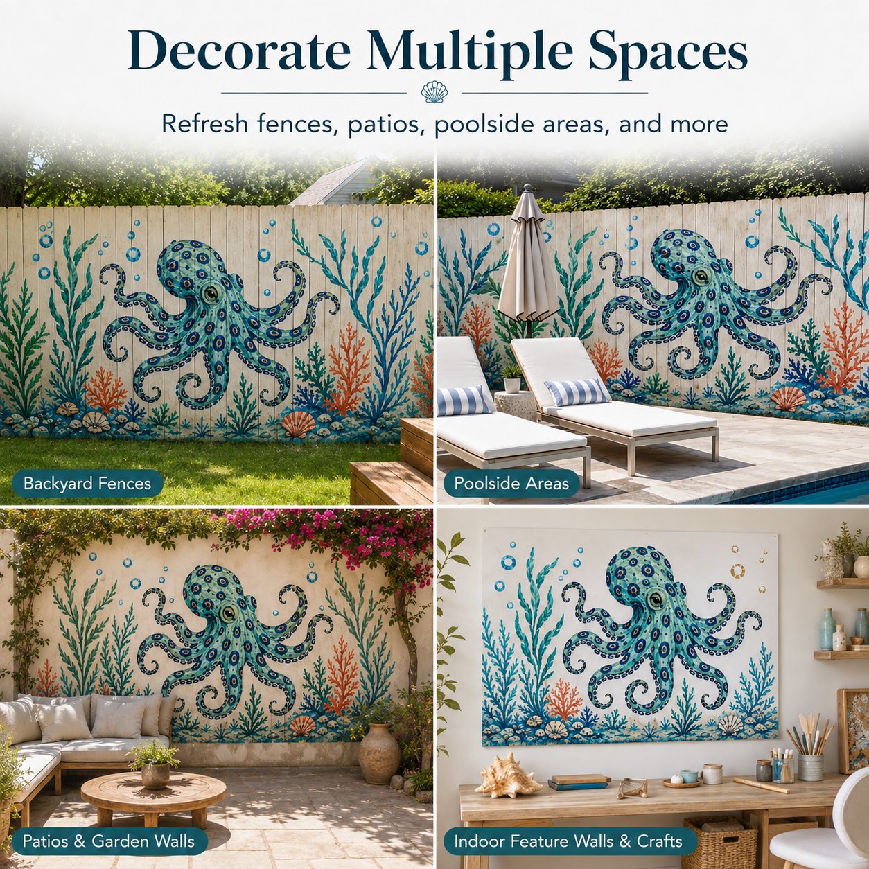 🐙 Reusable Ocean Octopus Mural Stencil Set | Bring Plain Walls & Fences to Life with a Bold Underwater Scene 🌊🎨✨