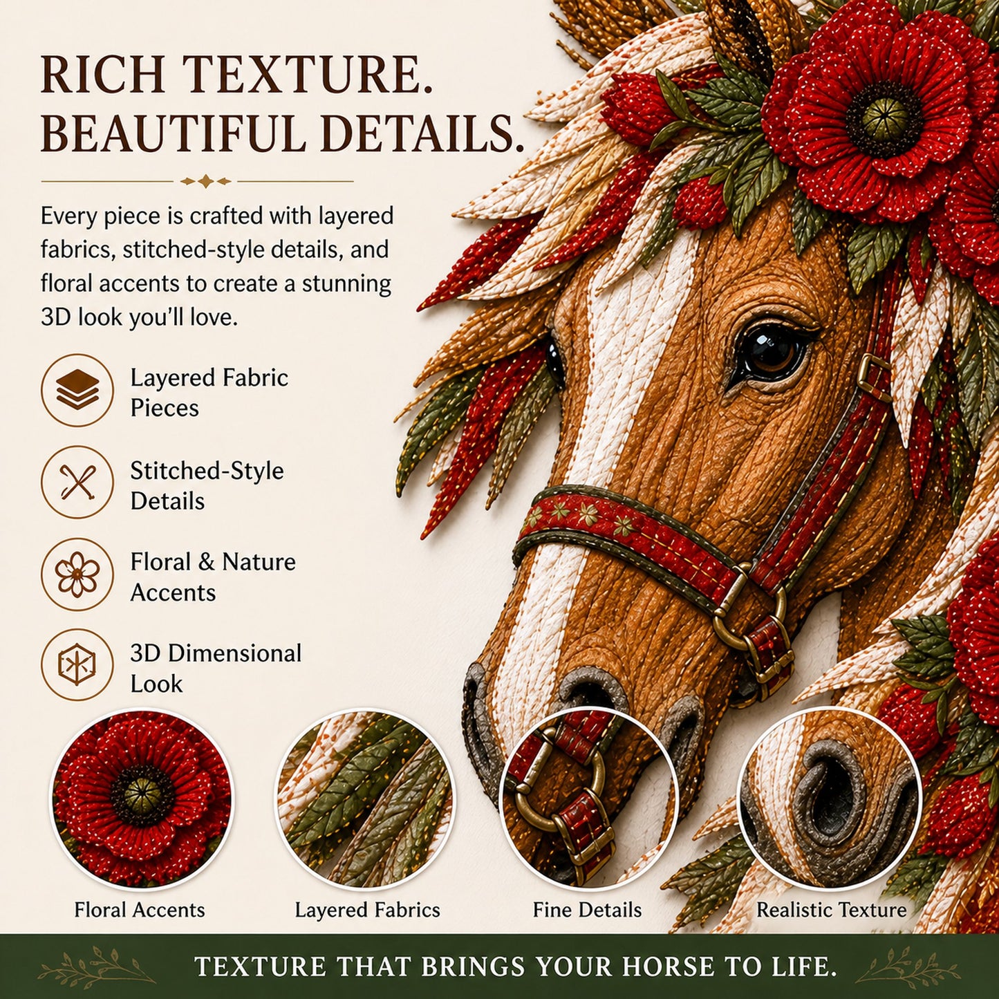 🔥LAST DAY 50% OFF - 🐴 Floral Horse Patchwork Fabric DIY Decor Kit — Handmade Fabric Horse Art with Flowers, Nature & Rustic Charm