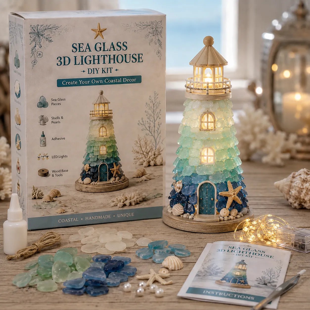 ⏳ Last Day 49% OFF – 🌊 Beginner-Friendly DIY Lighted Sea Glass-Style Lighthouse Kit Collection | Complete Kit with Sea Glass-Style Pieces, LED Lights & Step-by-Step Guide Included 💕