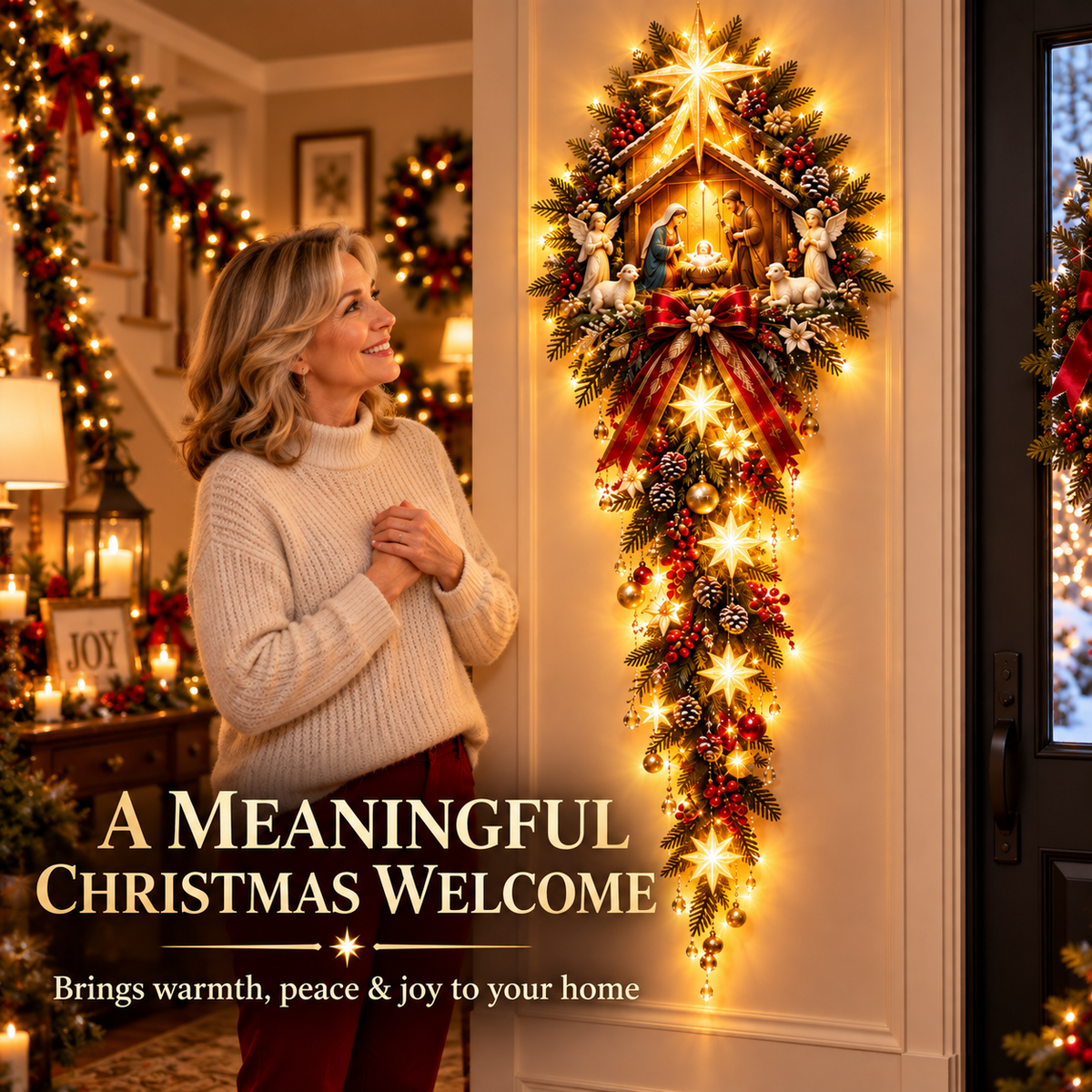 Woman enjoying Bethlehem Christmas wall decor