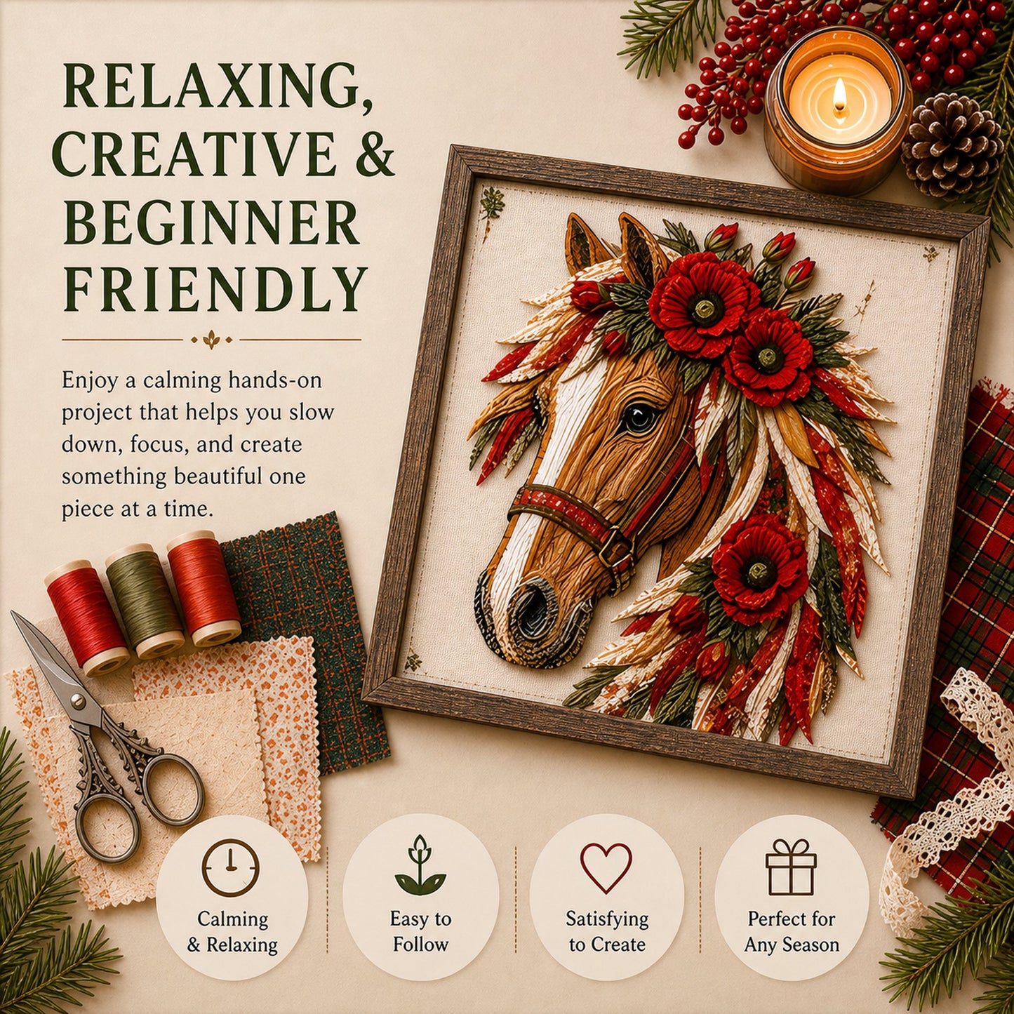 🔥LAST DAY 50% OFF - 🐴 Floral Horse Patchwork Fabric DIY Decor Kit — Handmade Fabric Horse Art with Flowers, Nature & Rustic Charm