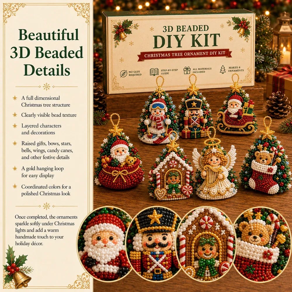 🎄DIY 3D Christmas Beaded Ornament Kit | Complete 4-Piece Set with Glass Beads, All Tools & Step-by-Step Guide Included 💕