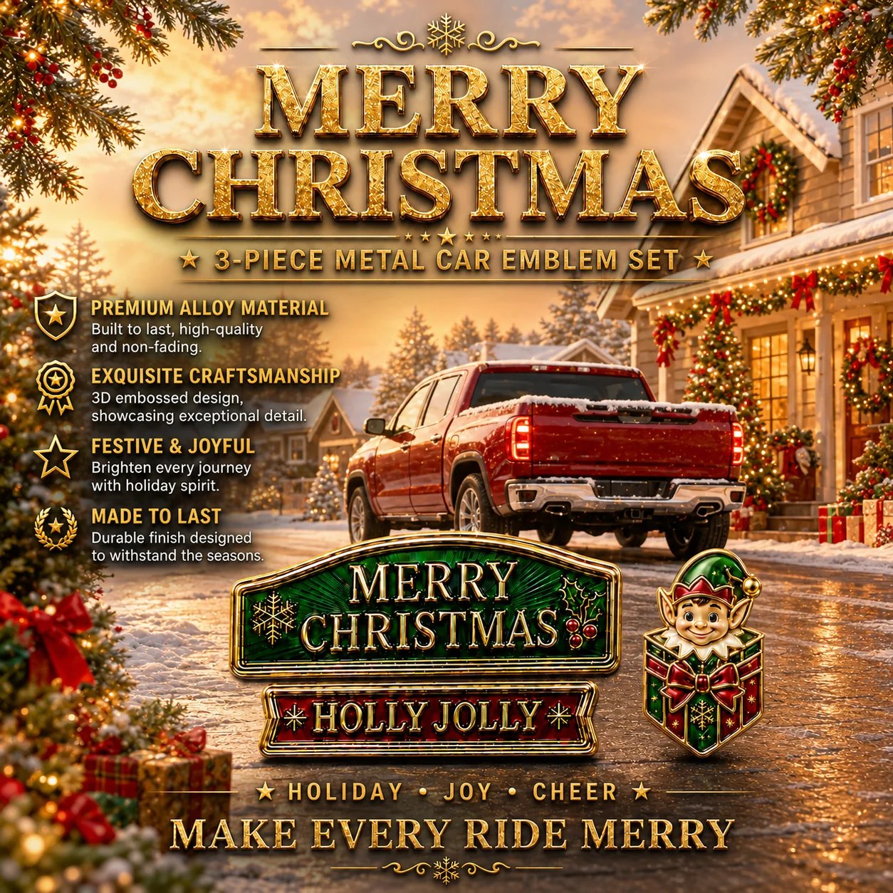 🔥 50K+ SOLD – 🎄 3-Piece Christmas Car Emblem Metal Badge Set | 3D Enamel Holiday Badges with Adhesive Backing for Trucks, SUVs & Festive Gifts 🎅✨