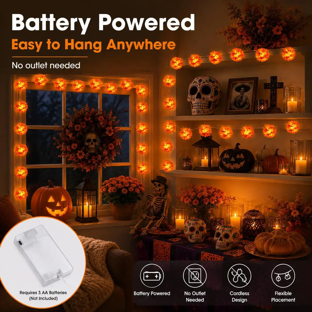 3M 20-LED Marigold String Lights for Ofrenda, Halloween & Fall Decor