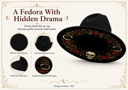 🖤 Gothic Embroidered Wide Brim Fedora Hat | Black Felt Design with Detailed Underside Embroidery in 7 Witchy, Celestial & Halloween Styles 🌙