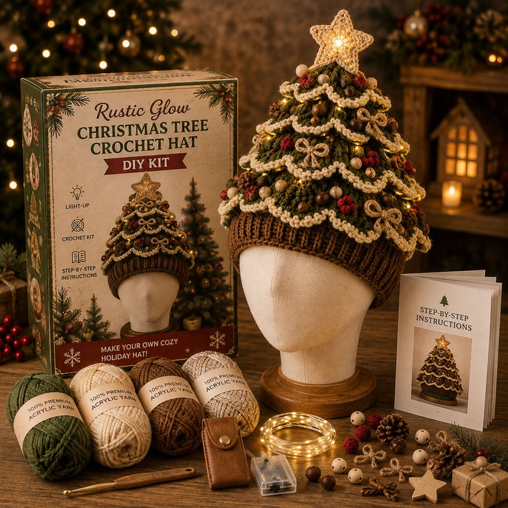 🎄Beginner-Friendly Light-Up Christmas Tree Crochet Hat DIY Kit | Complete Kit with Coordinated Yarn, LED Lights & Step-by-Step Guide Included 💕