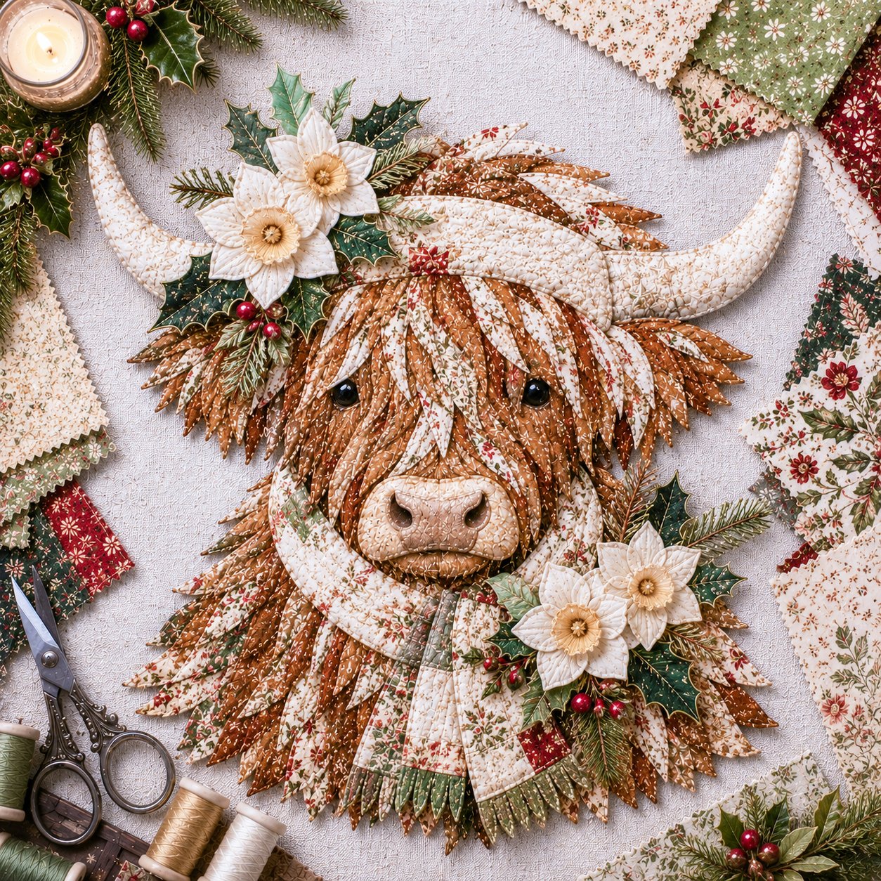 🐮💐🌸 Birth Flower Highland Cow 3D Layered Fabric Art DIY Kit (Beginner-friendly) 🔥