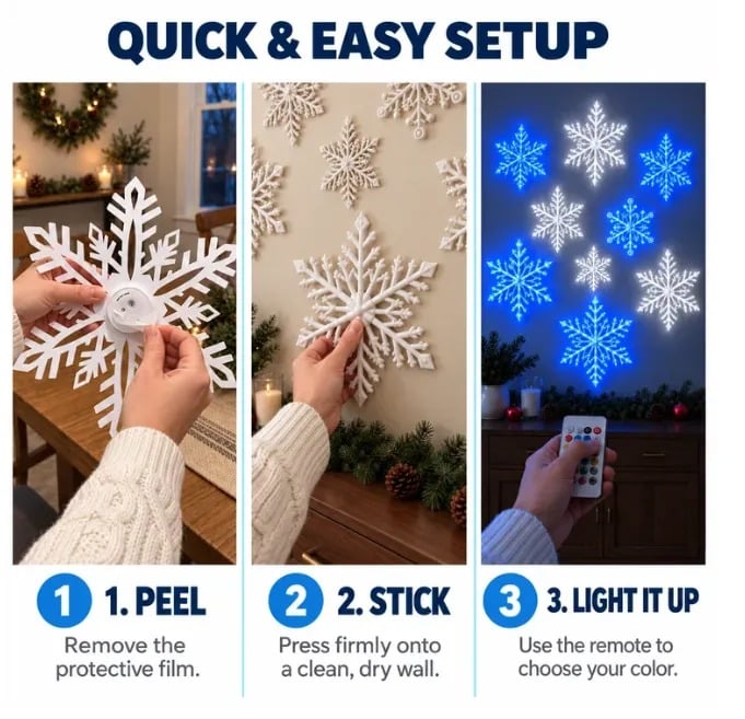❄️ LED Snowflake Wall Lights | 3D Christmas Snowflake Décor with Blue & White Glow, Remote Control & Magical Indoor Holiday Atmosphere ✨