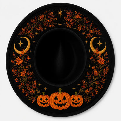 🖤 Gothic Embroidered Wide Brim Fedora Hat | Black Felt Design with Detailed Underside Embroidery in 7 Witchy, Celestial & Halloween Styles 🌙