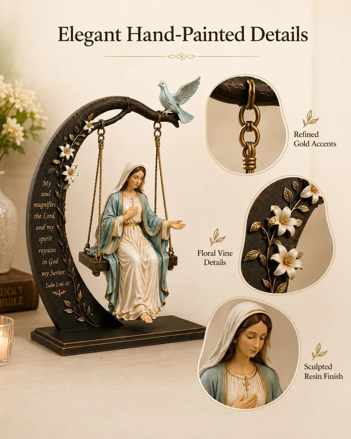 🙏 Blessed Virgin Mary Swing Statue – 7-Inch Faith-Inspired Resin Keepsake(3D)
