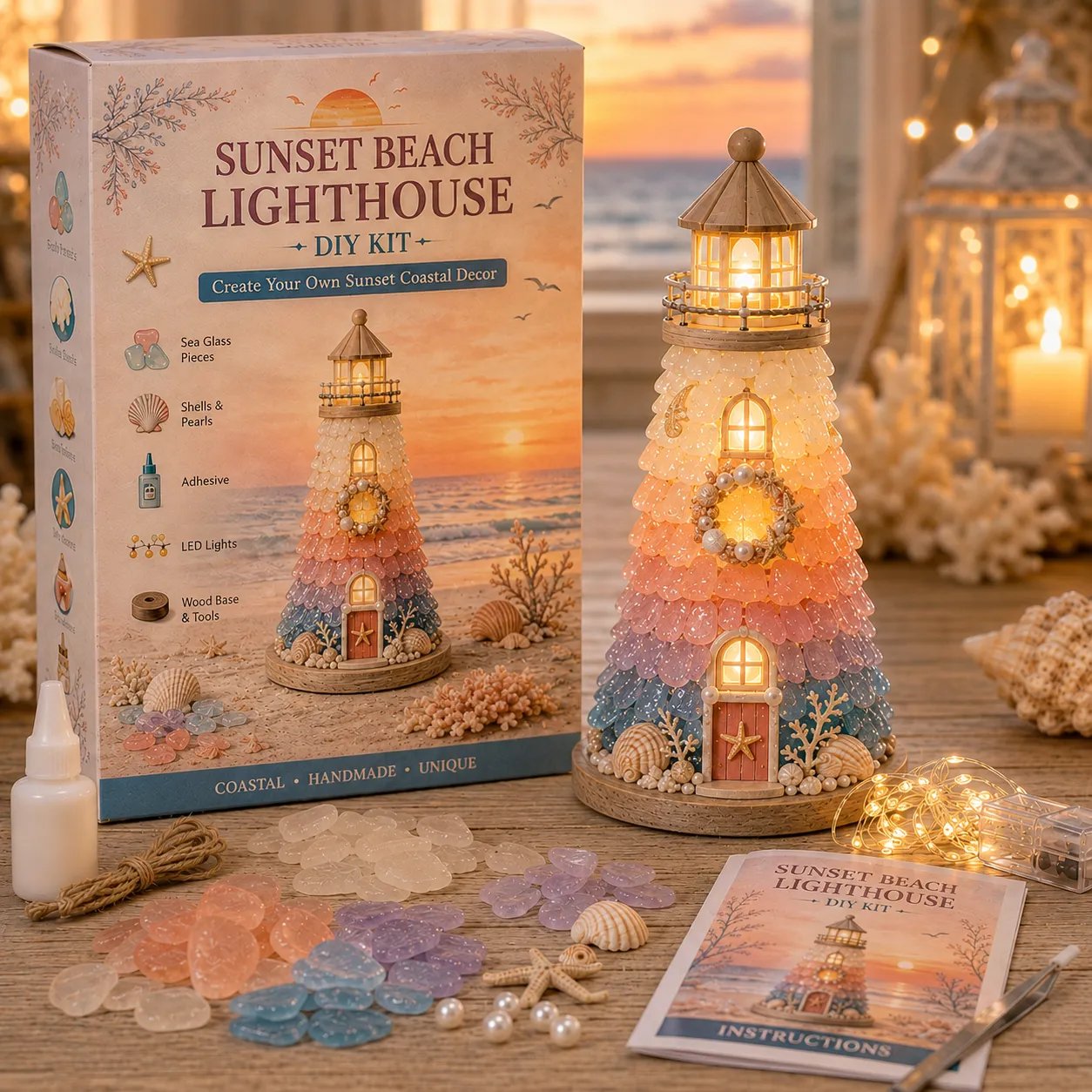 ⏳ Last Day 49% OFF – 🌊 Beginner-Friendly DIY Lighted Sea Glass-Style Lighthouse Kit Collection | Complete Kit with Sea Glass-Style Pieces, LED Lights & Step-by-Step Guide Included 💕