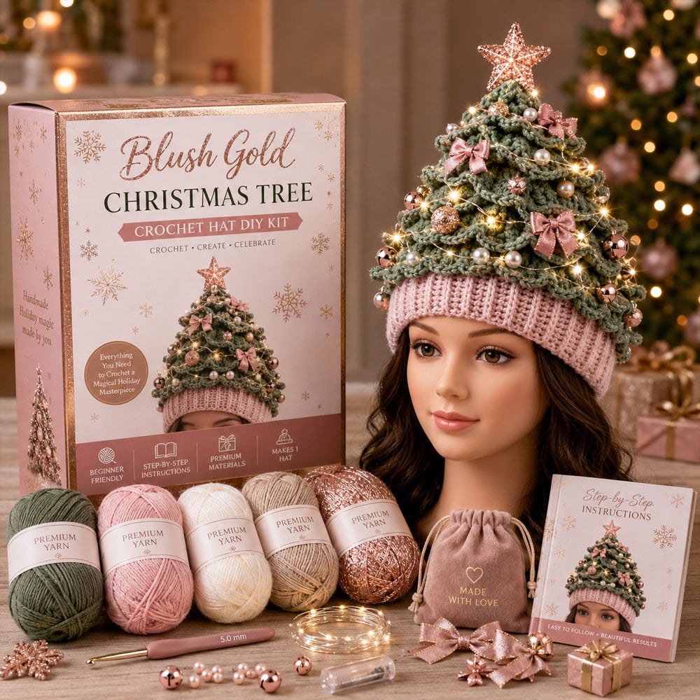 🎄Beginner-Friendly Light-Up Christmas Tree Crochet Hat DIY Kit | Complete Kit with Coordinated Yarn, LED Lights & Step-by-Step Guide Included 💕