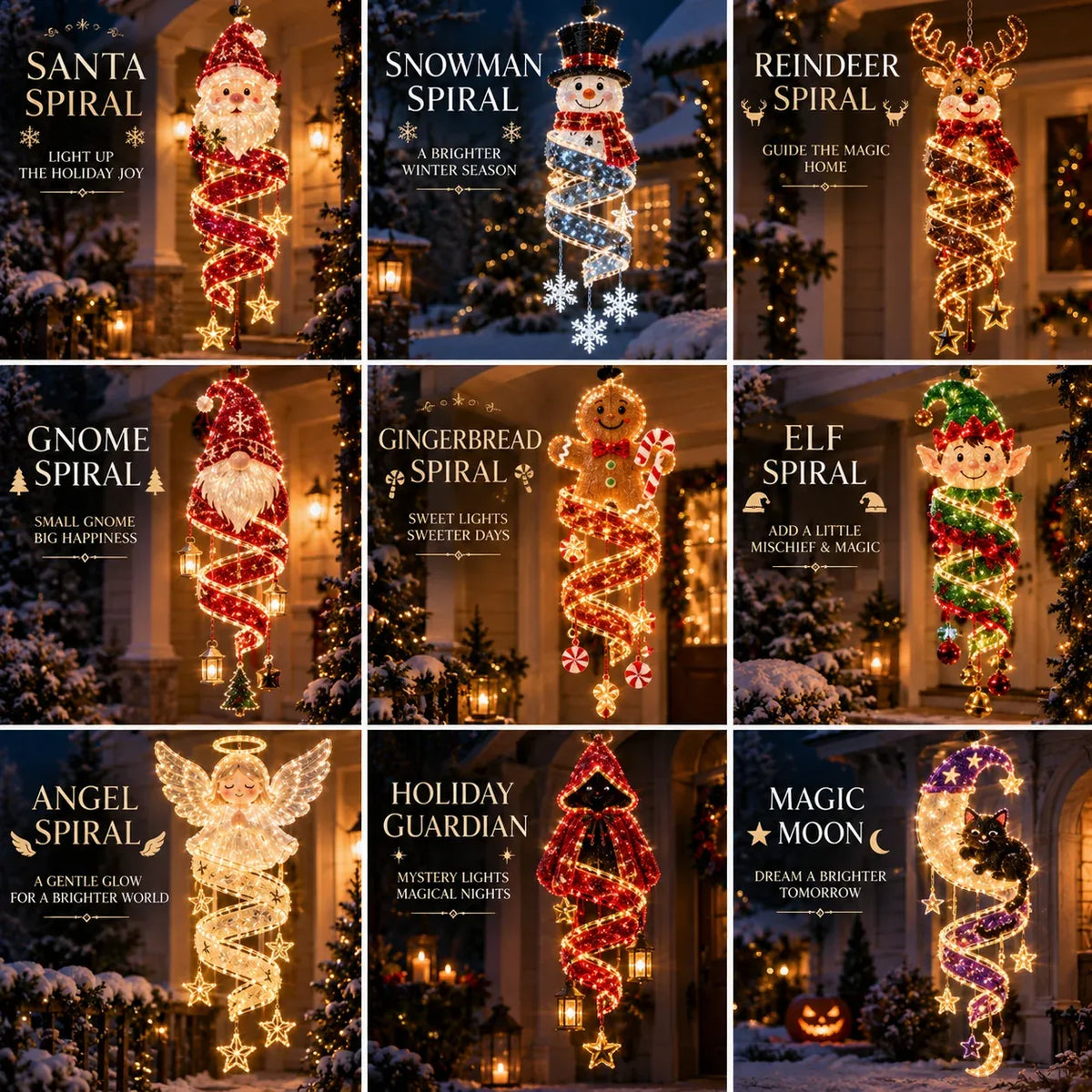 🎅Christmas Magic Spira Hanging LED Light Collection – 9 Festive Designs ✨ | Suspended Glowing Characters with Spiral Lights & Hanging Details for Porches, Windows, Entryways & Holiday Displays