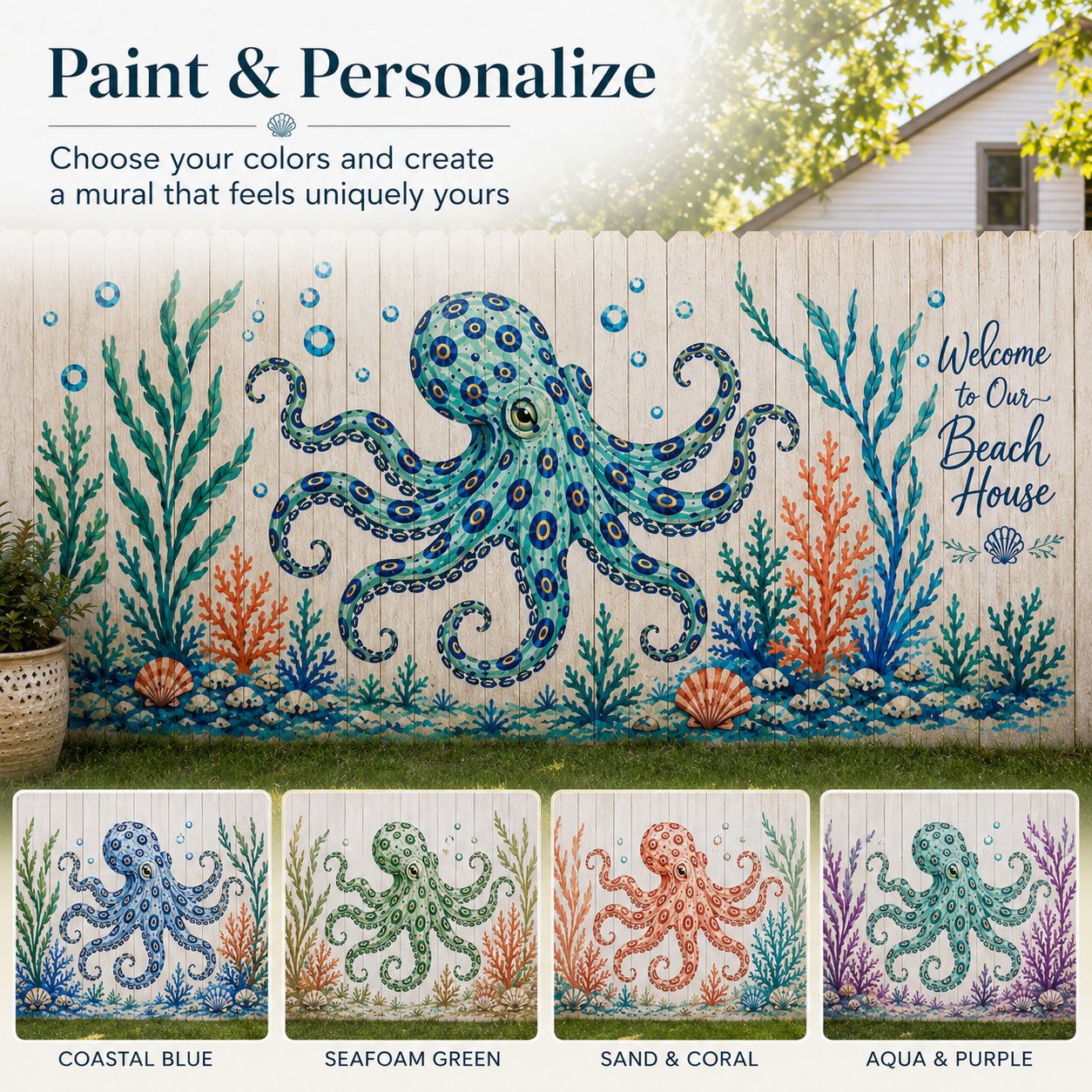 🐙 Reusable Ocean Octopus Mural Stencil Set | Bring Plain Walls & Fences to Life with a Bold Underwater Scene 🌊🎨✨