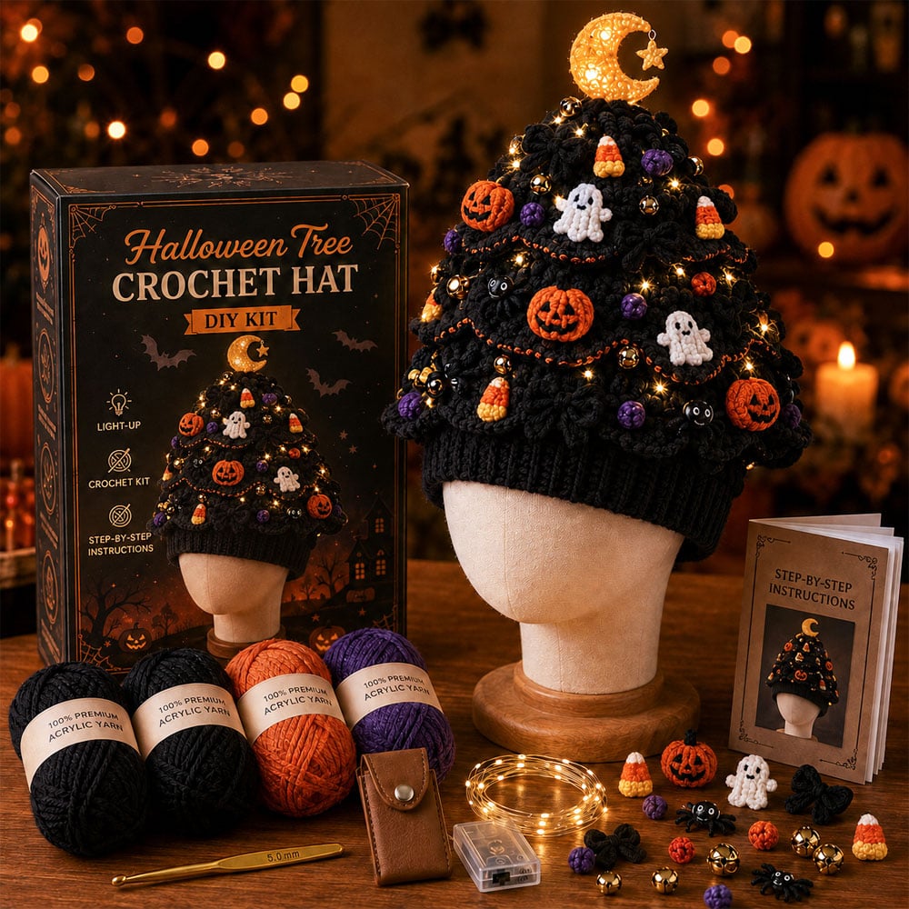 🎄Beginner-Friendly Light-Up Christmas Tree Crochet Hat DIY Kit | Complete Kit with Coordinated Yarn, LED Lights & Step-by-Step Guide Included 💕