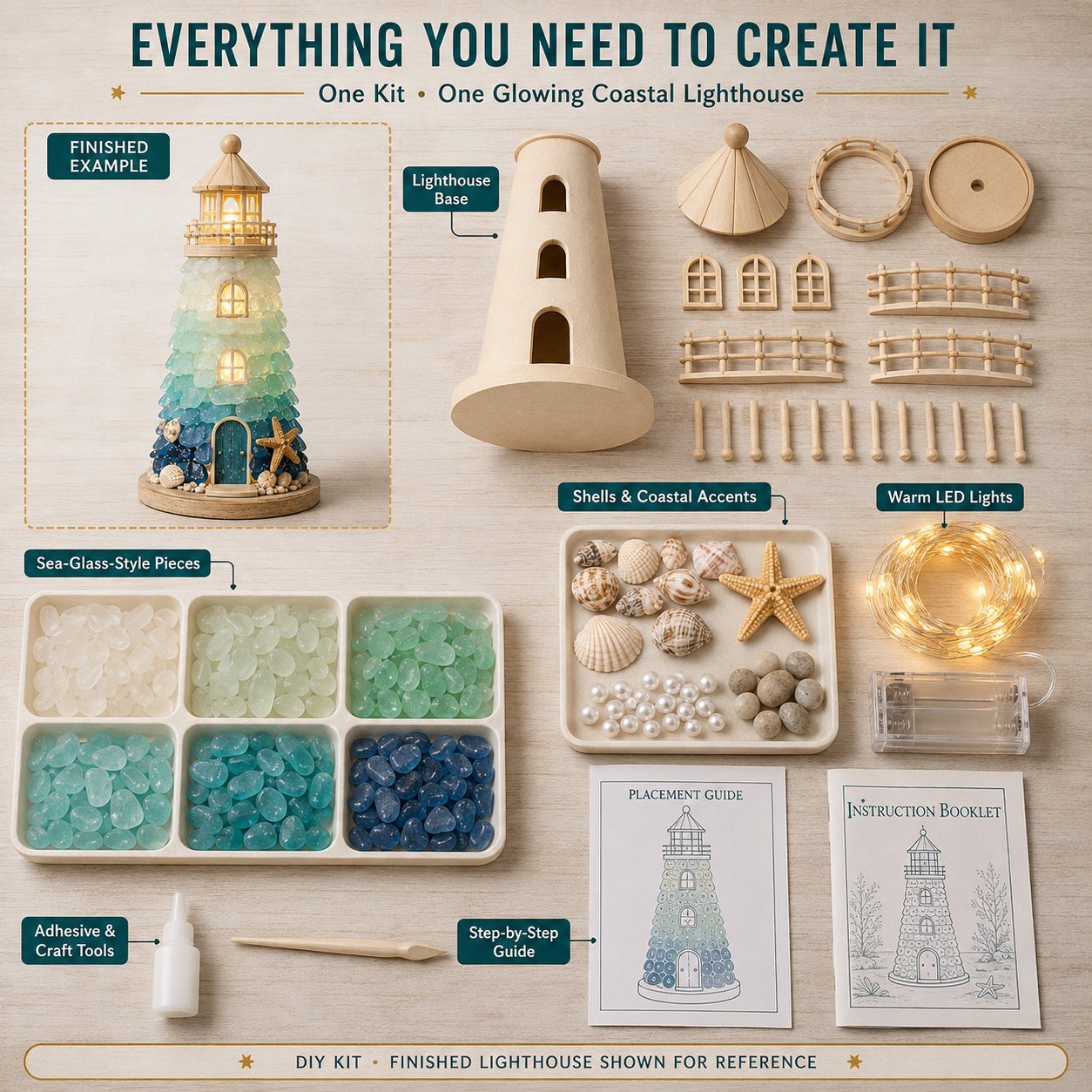 ⏳ Last Day 49% OFF – 🌊 Beginner-Friendly DIY Lighted Sea Glass-Style Lighthouse Kit Collection | Complete Kit with Sea Glass-Style Pieces, LED Lights & Step-by-Step Guide Included 💕