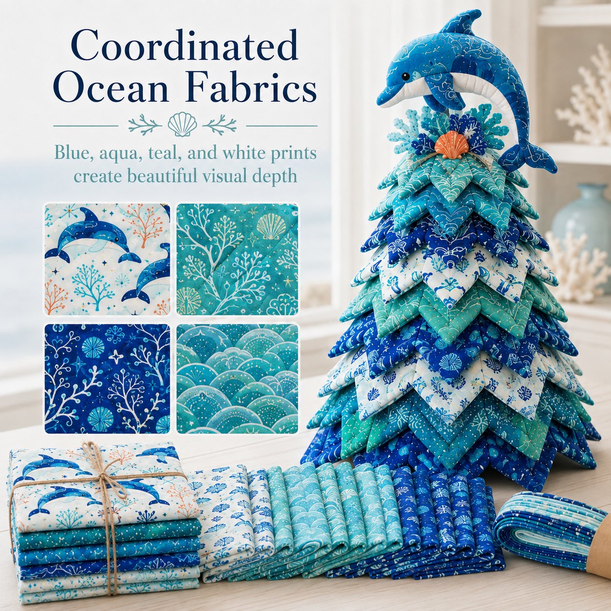 🌊 Ocean Dreams Layered Fabric Tree Craft Kit | Create a Freestanding Coastal Centerpiece with Coordinated Fabrics & Marine Topper 🐚✨