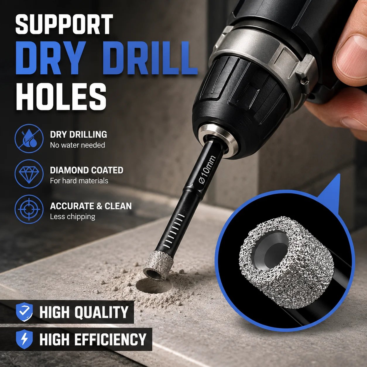 Dry drilling with diamond drill bit on tile and stone