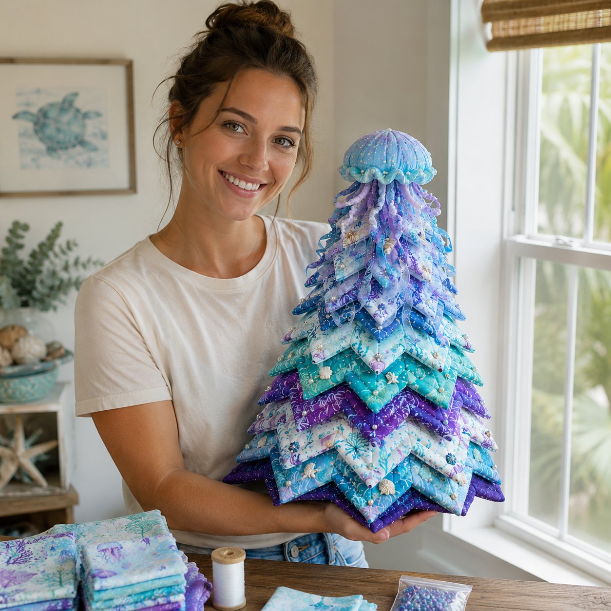 🌊 Ocean Dreams Layered Fabric Tree Craft Kit | Create a Freestanding Coastal Centerpiece with Coordinated Fabrics & Marine Topper 🐚✨
