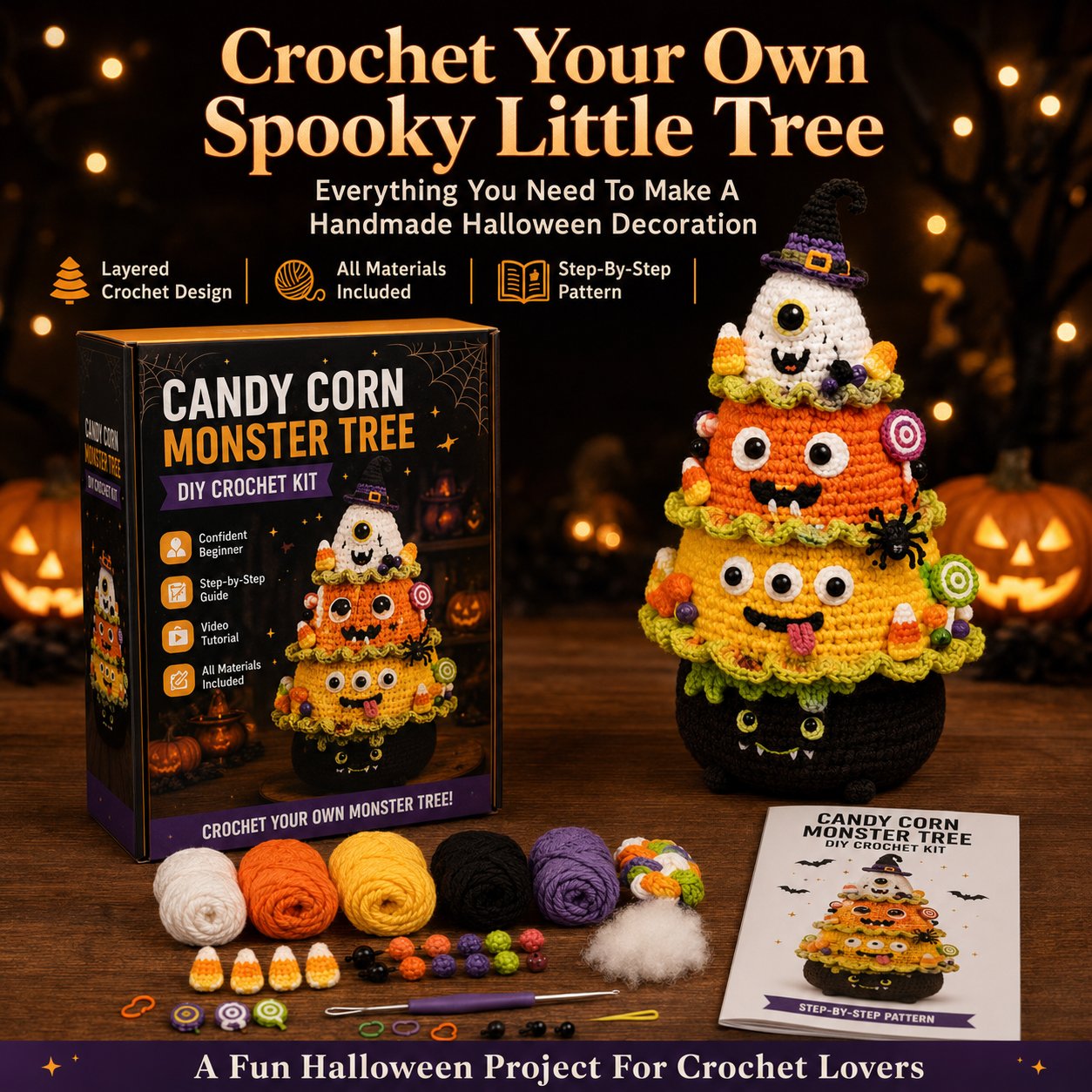 🔥 LAST DAY 49% OFF – 🎃 Halloween Tree DIY Crochet Kit | All-In-One Kit for a Layered 7-Inch Spooky Tabletop Decoration 🧶👻✨