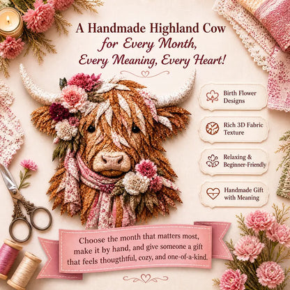 💐🌸 Birth Flower Highland Cow 3D Layered Fabric Art DIY Kit 🐮