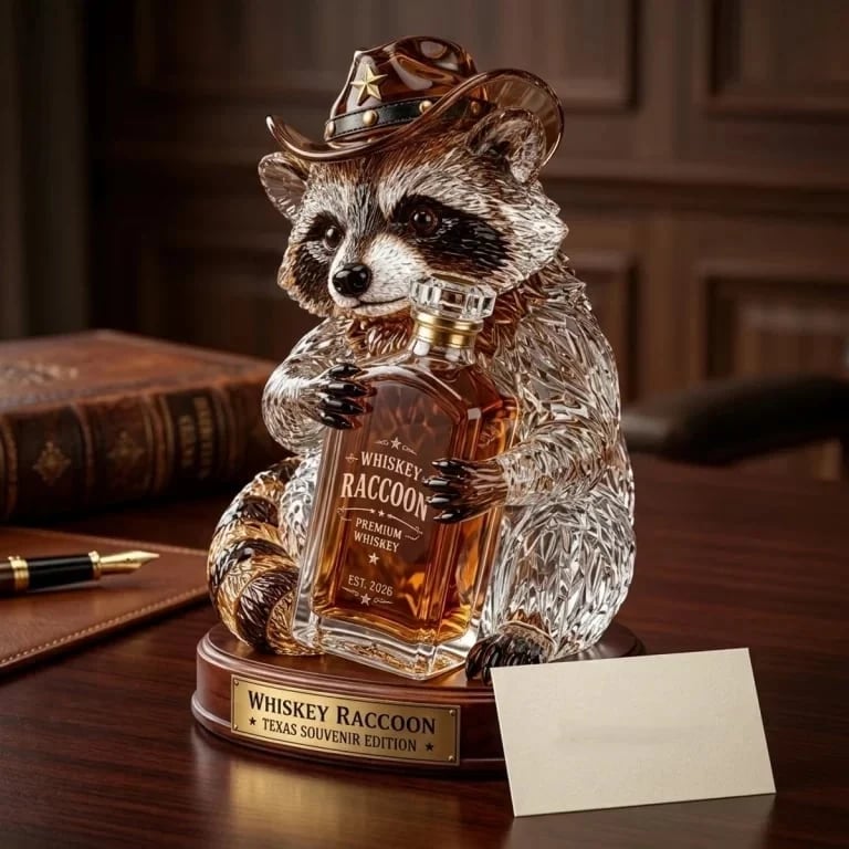 🦝 Wild West Whiskey Raccoon Crystal Statue