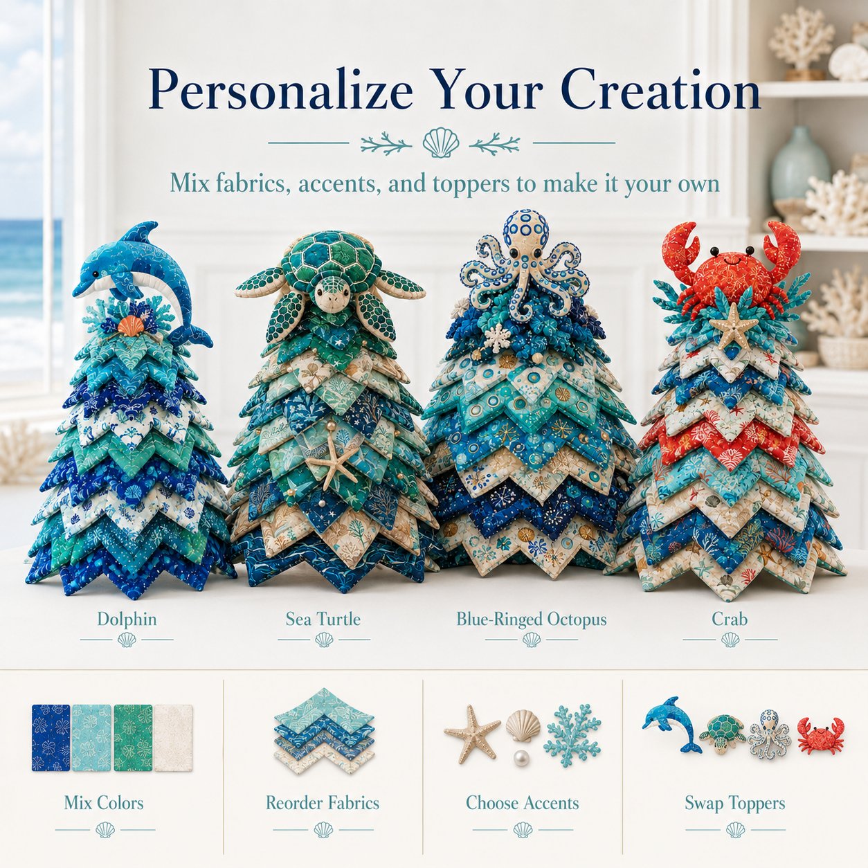 🌊 Ocean Dreams Layered Fabric Tree Craft Kit | Create a Freestanding Coastal Centerpiece with Coordinated Fabrics & Marine Topper 🐚✨