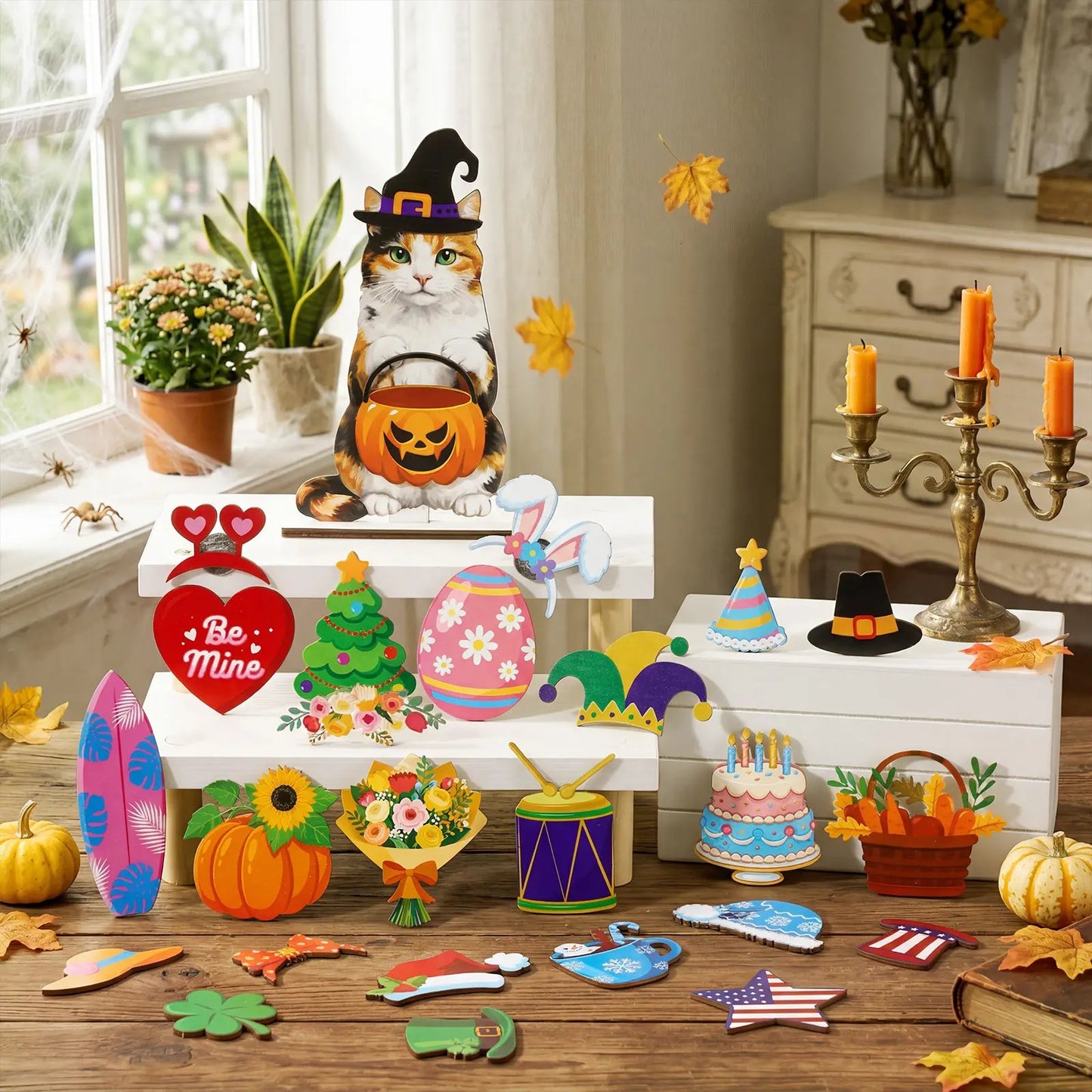 🎉🐾 Interchangeable Seasonal Animal Wooden Decor Set