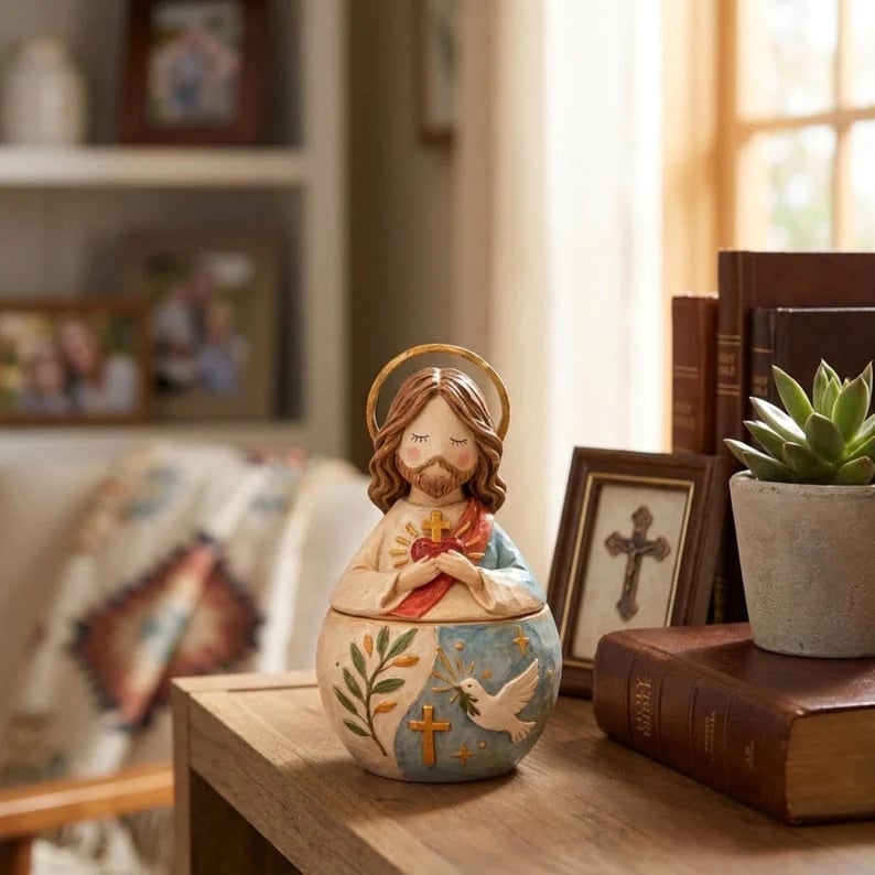 ✨ Divine Grace Collection: Hand-Painted Sacred Heart Jesus & Blessed Mary Keepsake Box
