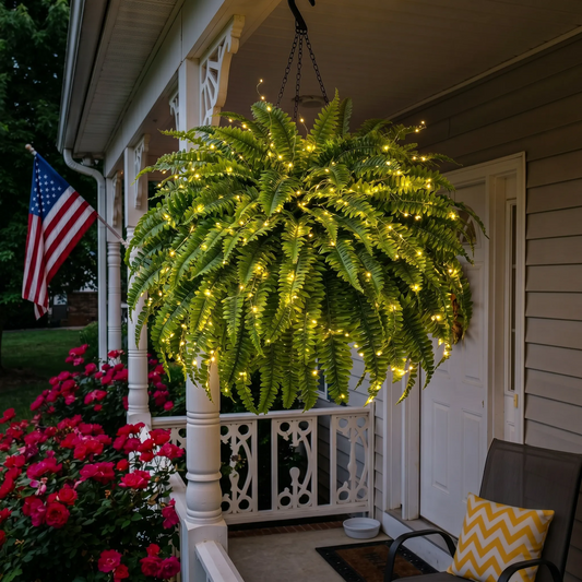 ✨ Cozy Glow Boston Fern – Lighted Faux Hanging Plant for Porch & Home