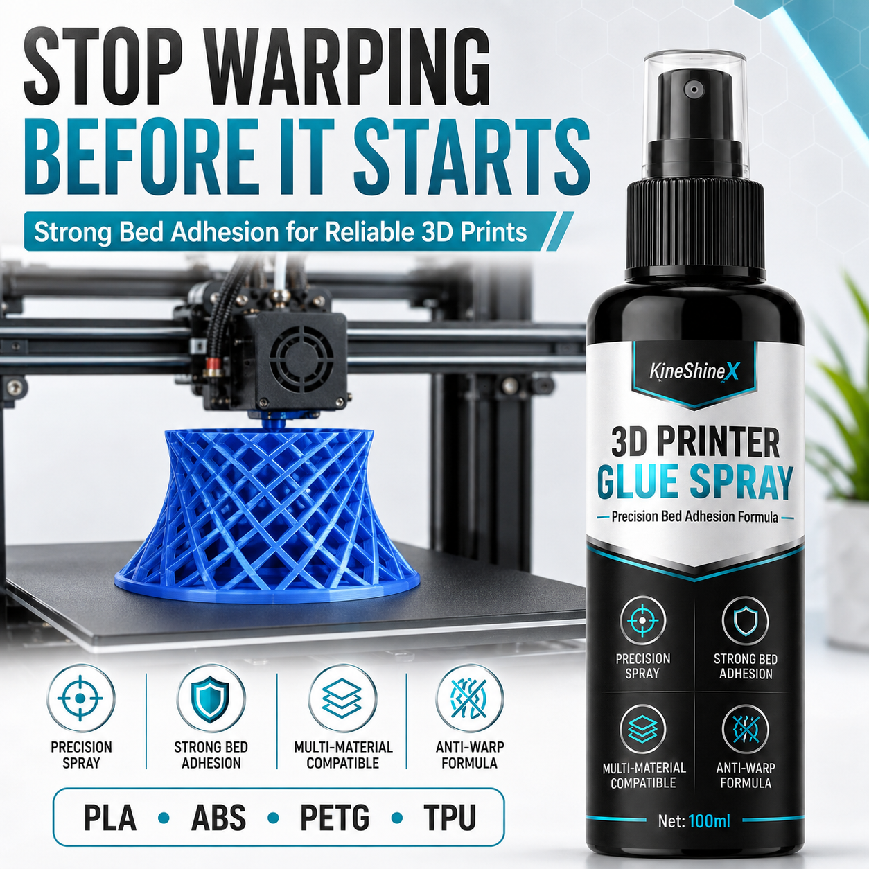 3D model secured to build plate with bed adhesive